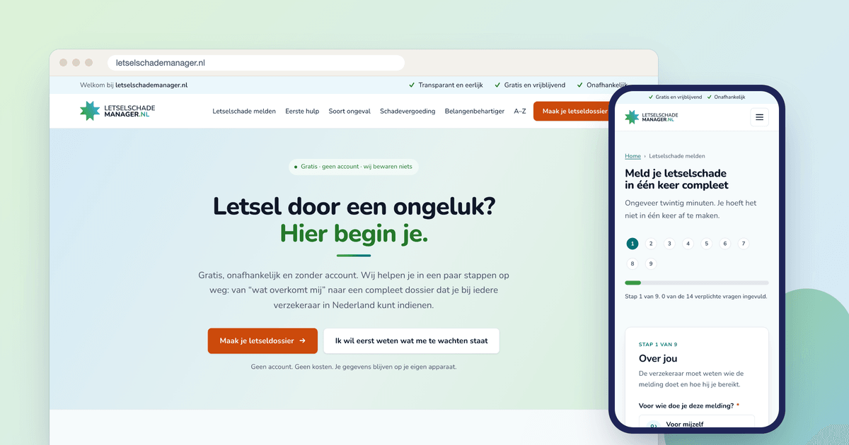 De homepage van letselschademanager.nl in een browservenster, met de meldhulp op een telefoon ernaast