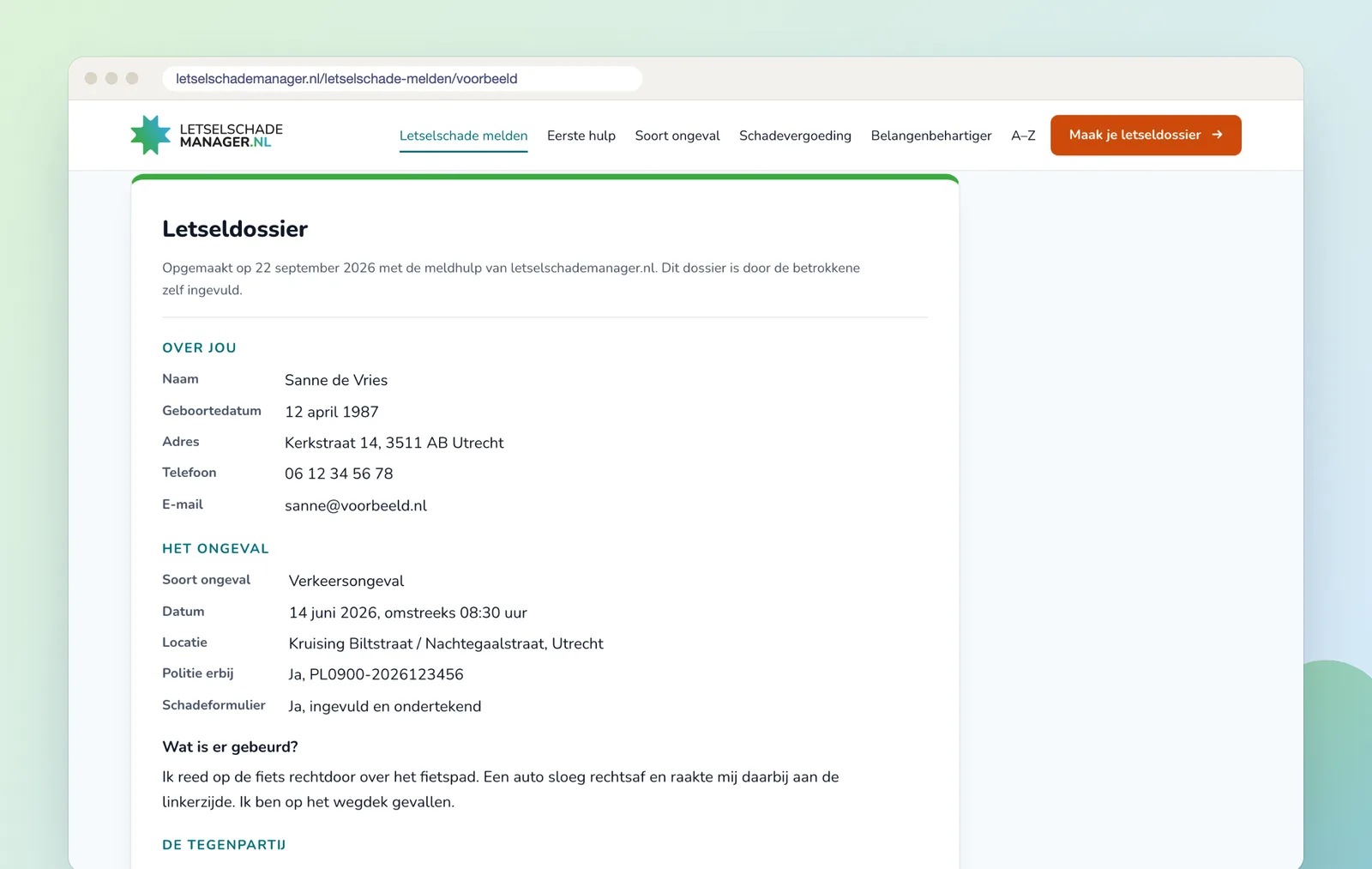 Voorbeeld van een ingevuld letseldossier op letselschademanager.nl, met de gegevens over het ongeval